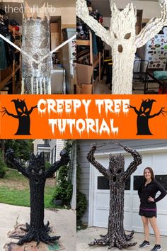 a woman standing in front of a fake tree with halloween decorations on it and an orange sign that says creepy tree tutor