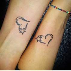 two small tattoos on the arms of girls with stars and crescent moon tattoo designs for couples