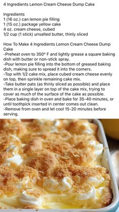 the recipe for baked lemon cream cheese dump cake is shown in an image above it's description