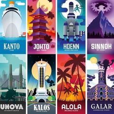 four different travel posters with the names of cities and their respective attractions in each country