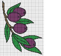 a cross stitch pattern with purple flowers and green leaves