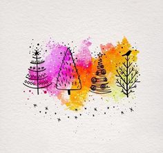 colorful watercolor christmas trees on white paper