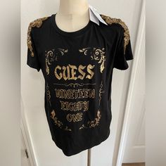 New With Tag Black Shirt With Lots Of Beads Black Embellished T-shirt For Party, Casual Embellished T-shirt For Party, Black T-shirt With Rhinestones For Party, Fitted Black Embellished T-shirt, Leopard Print Shorts, Black Sheer Top, Polka Dot Shorts, Guess By Marciano, Guess Jeans