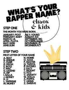 a poster with the words what's your rapper name? and a boombox