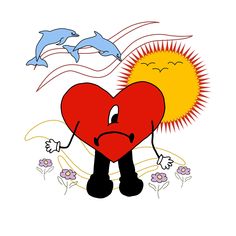 a cartoon heart with two dolphins in the background