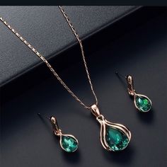 Nwot Rose Gold Emerald Gemstone Pendant Earrings Pendant Necklace Rose Gold Wedding Jewelry, Rhinestone Jewelry Set, Engagement Earrings, Crystal Jewelry Sets, Gold Wedding Jewelry, Zircon Jewelry, Women's Jewelry Sets, Gemstone Engagement, Fashion Jewelry Sets