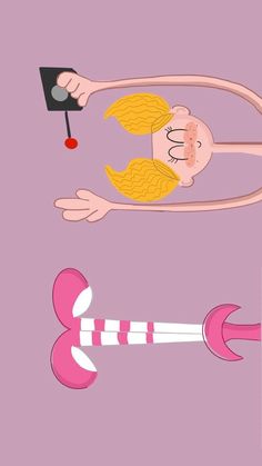 two cartoon characters one with blonde hair and the other wearing pink holding a black object