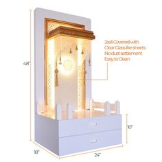 an image of a white cabinet with lights on it's sides and measurements for the door