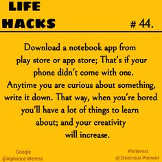 a yellow poster with the words life hacks written in black and white on it