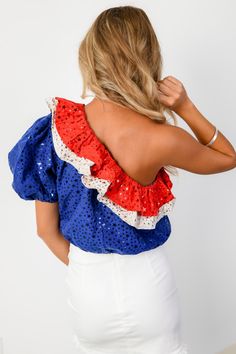 Features: Model wearing size S Queen of Sparkles Fourth of July 4th of July Holiday top Crop top Ruffle detailing Stripes Clothing, Modest Church Outfits, American Flag Shorts, Queen Of Sparkles, Pink Headbands, Ruffle Crop Top, Stripe Outfits, Holiday Tops, Floral Maxi Skirt