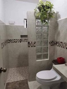 a white toilet sitting in a bathroom next to a sink and shower stall with a plant on the window sill