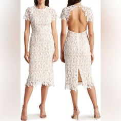 Nat Nsr Mia Lace Short Sleeve Dress. Perfect For Wedding Season! Fully Lined With Nude Colored Lining. Feminine Cream Lace Dress For Brunch, Beige Lace Midi Dress For Brunch, Fitted Midi Dress With Lace Back, Elegant Crochet Lace Dress For Brunch, Elegant Spring Lace Dress With Lace Back, Chic Cream Lace Dress With Scalloped Detail, Beige Lace Dress With Lace Trim For Brunch, Chic Cream Scalloped Lace Dress, Chic Cream Knee-length Lace Dress