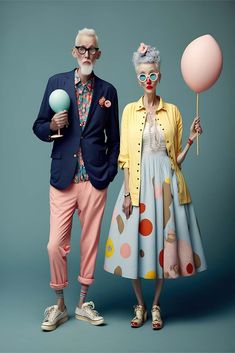 an older man and woman are dressed up as clowns with balloons in their hands