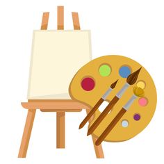 an artist's palette and two paintbrushes sitting on top of a wooden easel