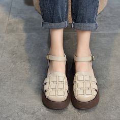 These sandals are designed in a retro style with 60 mm block heel. Made from soft leather, soft bottom that ensure all-day comfort. Wear yours with tailoring and denim alike. Color: Brown/Beige/GreyMaterial: Top layer leatherLining: No, Just cow leather the other sideInsole: PUSole: RubberHeels: 6Cm/2.36" Fit: Medium to Wide, Runs Normal.Origin: Made in China Production Time: About 3-5 days (Any exceptional case will email you, Please pay attention to your email left) Shipping Time: Free Shippin Vintage Sandals With Buckle Closure And Flat Heel, Casual Low Block Heels With Strap, Casual Low Block Heels With Heel Strap, Casual Block Heels With Heel Strap, Brown Retro Flat Heel Sandals, Casual Leather Block Heels With Low Heel, Beige Round Toe Slingback Sandals With Padded Heel, Vintage Leather Sandals With Flat Heel, Beige Slingback Sandals With Padded Heel And Round Toe