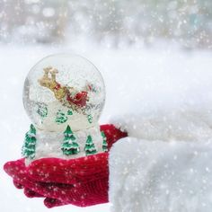 a snow globe in someone's hand with christmas decorations on it and trees inside