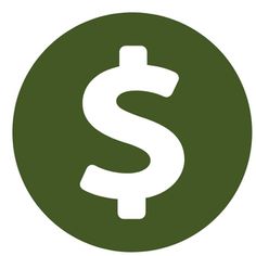 a green and white dollar sign in a black circle with the word $ below it