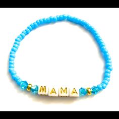 Alphabet Beaded Bracelet With Mama Letter Beads Letter Beads Are White With Gold Letters. Glass Beads With Crystal And Gold Tone Accent Beads Alphabet Bracelet, Alphabet Beads, Bracelet Ideas, Letter Beads, Blue Jewelry, Gold Letters, Womens Jewelry Bracelets, Beaded Bracelet, Glass Beads