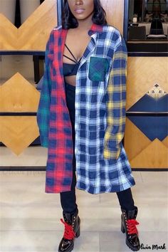 Olivia Mark - Multicolored Plaid Patchwork Outerwear with Stylish Turn-Back Collar Long Flannel Jacket Outfit, Plaid Print Coat, Long Outerwear, Chic Outerwear, Yellow Style, Patchwork Shirt, Collared Coat, Print Coat, Turndown Collar