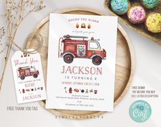 a firetruck birthday party with cupcakes and donuts on the plate