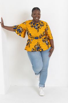 Maki African Prints Peplum Top (Yellow) - DAVEENAH African Print Peplum Top, Printed Peplum Top, African Prints, Peplum Blouse, African Print, African Fashion, Set Dress, Dress Pants, Blouse Designs