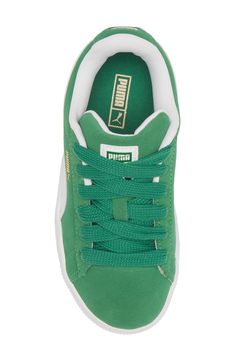 Smooth suede updates this classic sneaker that pays homage to '80s breakdancing with an exaggerated padded collar and tongue plus a chunky sole. Lace-up style Removable insole Padded collar Leather upper/textile lining/rubber sole Imported Green Sneakers With Padded Tongue For Sports, Green Sneakers With Padded Tongue, Green Puma Sneakers For Jogging, Green Sporty Sneakers With Padded Tongue, Green Puma Sneakers With Round Toe, Green Low-top Sneakers With Padded Tongue, Sporty High-top Puma Skate Shoes, Casual Sneakers With Padded Tongue For Sports, Casual Sneakers With Padded Tongue And Round Toe