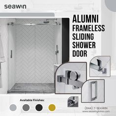 the shower door is open and there are pictures of it in black and white, including an aluminum frameless sliding shower door