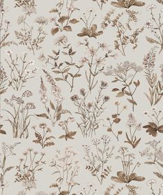 a floral wallpaper with various flowers and leaves on the side, in neutral tones