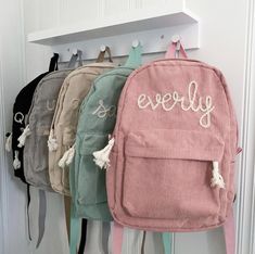 Hand embroidered personalized backpack Back To School Corduroy Bags, Trendy Embroidered School Backpack, Cute Cotton Backpack For Back To School, Cute Cotton Standard Backpack, Hand Embroidered Name, Embroidery Business, Embroidered Backpack, Personalized Backpack, Embroidered Name