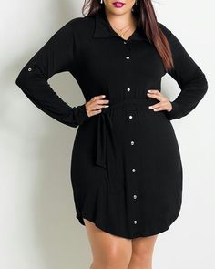 Fashionable Black Shirt Collar Long Sleeve Pleated Plus Size Dress For Women Black Plus Size Dress, Rose Tyler, Yoga Facial, Dress Sweater, Black Shirt Dress, Plus Size Dress