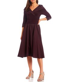 Jessica Howard Petite Size Portrait Collar 3/4 Sleeve Ruched Blouson Dress | Dillard's Classic Dresses, Mother Of The Bride Dresses Long, Jessica Howard, Column Dress, Blouson Dress, Tea Length Dresses, Bride Dresses, Classic Dress, Collar Dress