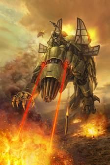 an image of a giant robot that is in the air with fire coming out of it