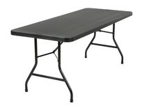 a table that has a black top and legs on it, against a white background