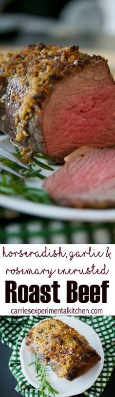 roast beef on a white plate with green leaves and text overlay that reads, homemade sandwich & rosemary entree roast beef