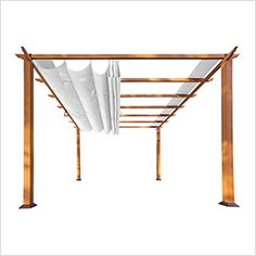 an open wooden pergolan with white sheets hanging from it's sides, on a white background