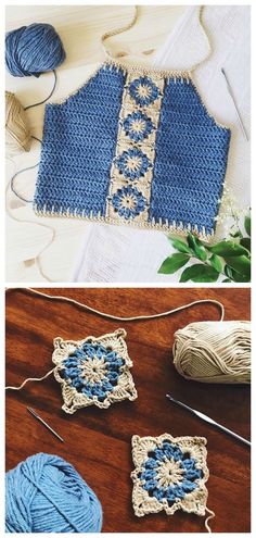 crocheted granny's sweater with blue and white flowers on it, next to yarn