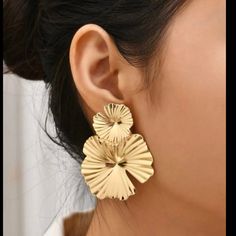 Gold Textured Embossed Oversized Flower Earrings. Never Worn. Bought For A Wedding But Didn't Use. Approximately 2.5". Lightweight. Lotus Earrings, Oversized Earrings, Gold Lotus, Retro Earring, Alloy Earrings, Gold Statement Earrings, Anthropologie Jewelry, Trendy Earrings, Flower Earrings Studs