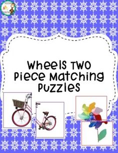 the wheels two piece matching puzzles are shown in blue and white with pictures of bicycles