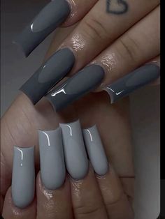 Dark Grey Acrylic Nails Coffin, Gray Square Acrylic Nails, Dark Grey French Tip Nails, Dark Color Acrylic Nails, Gray Long Nails, Grey Acrylic Nails Designs, Simple Long Acrylic Nails, Beige Acrylic Nails, Nails Acrylic Dark