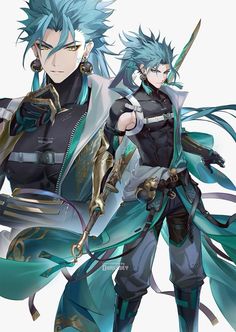 two anime characters standing next to each other in front of a white background with blue hair