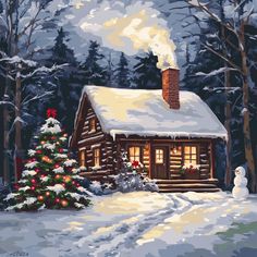 a painting of a cabin with a christmas tree and snowman in the foreground