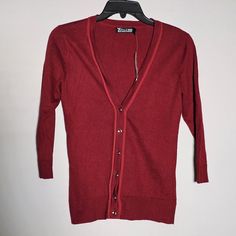 Solid Dark Red 3/4 Sleeve Knit Cardigan Vee Neckline Gold Button Up Ribbed Hem And Wrists Cotton Rayon Nylon Armpit To Armpit 15", Length 21", Sleeve 16", Flat Nwt 7th Avenue New York And Company Size Xs Check All Measurements Due To Different Brands, Sizes, Wash And Wear 5.9 Red Knit Cardigan, New York And Company, Sleeve Cardigan, Dark Red, Knit Cardigan, Sweater Outfits, Sweaters & Cardigans, Button Up, Sweaters For Women