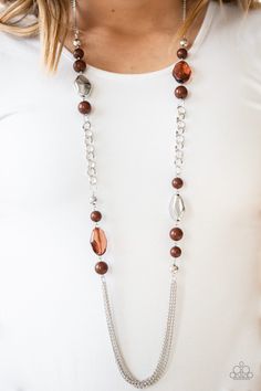 A collection of faceted silver, crystal-like brown, polished brown, and silver beads give way to layers of shimmery silver chains for a whimsical look. Features an adjustable clasp closure. Sold as one individual necklace. Includes one pair of matching earrings. Brown Necklace, Long Silver Necklace, Silver Chains, Paparazzi Accessories, Paparazzi Jewelry, Trendy Accessories, Fashion Accessories Jewelry, Necklace Earring Set, Matching Earrings