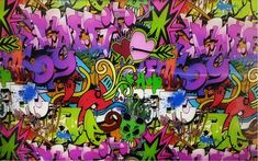 an abstract painting with lots of colorful graffiti on it's walls and the words love is