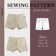 the sewing pattern for shorts is shown in three different colors and sizes, including white