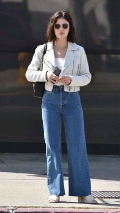 Lucy Hale Style Outfits, Lucy Hale Photos, Lucy Hale Outfits, Lucy Hale Style, Amanda Gorman, Wide Leg Jeans Outfit, High Waisted Wide Leg Jeans, White Motorcycle, Motorcycle Leather Jacket