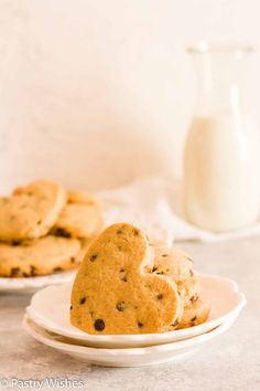 chocolate chip cookies on a plate next to a glass of milk