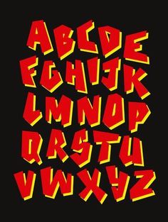 the alphabet is made up of red and yellow letters on a black background with an orange border