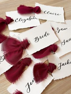 several pieces of paper with some type of name tags on them that say bride and groom