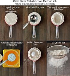 instructions on how to make cake flour using measuring spoons and tablespoons for baking